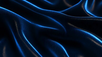Obraz premium Luxurious dark blue silk fabric with elegant folds and waves creating dramatic light effects and glossy reflections. Smooth textile background for luxury designs.