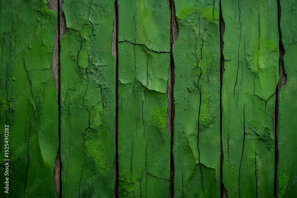 Aufkleber weathered green wooden planks with peeling paint texture showing natural aging and distress, vertica