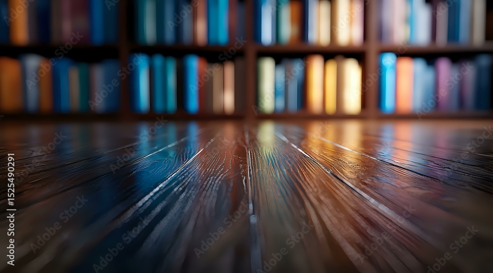 Poster wooden table surface with dramatic perspective and blur effect against defocused library bookshelf b