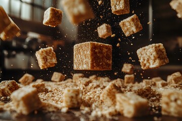 Brown sugar cubes floating in air with scattered sugar particles and crumbs against dark background in dynamic levitation composition. Food photography.