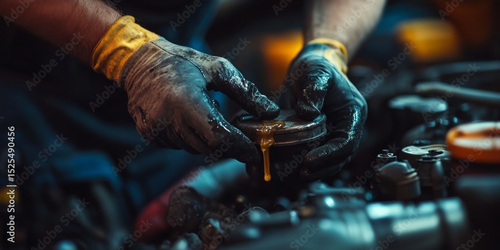Poster the image depicts a mechanic in the process of changing engine oil or performing some form of mainte