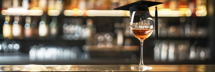 Graduation celebration at bar with wine glass and academic cap for memorable party decor. Horizontal banner. Copy space. Template with graduation cap for bar, restaurant. End of course