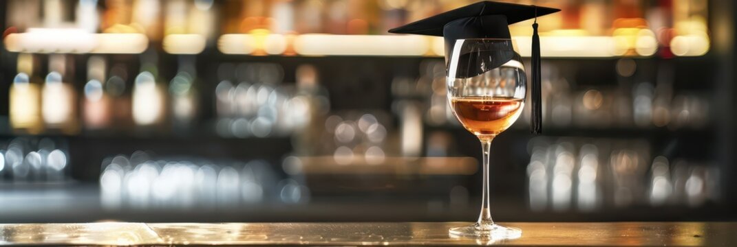 Graduation celebration at bar with wine glass and academic cap for memorable party decor. Horizontal banner. Copy space. Template with graduation cap for bar, restaurant. End of course