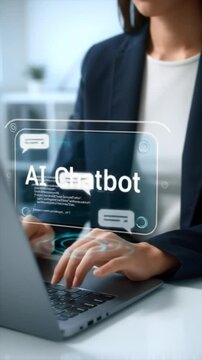 A professional Asian woman interacts with an AI chatbot on her laptop, showcasing the evolution of technology in communication. The workspace highlights innovative tools present in today's offices