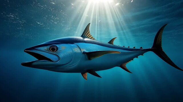 Blue tuna swimming underwater with sunlight shining from above, showcasing the beauty of marine life.

