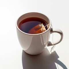 A mug of tea with a tea bag inside on a white background