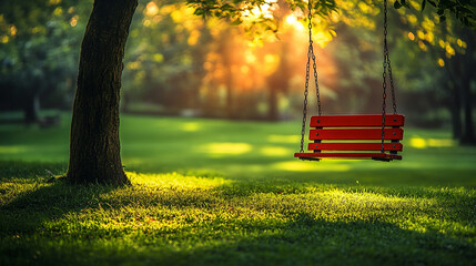 Simple, minimalistic wooden swing hanging from a tree above a blurred lush green grassy knoll. Serene, peaceful atmosphere with natural tones and soft focus. Caption space on the side for text.

