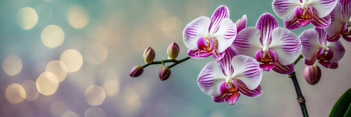White and purple orchid flowers with buds. Floral spring bloom on a branch with bokeh light. Beauty and fresh nature concept for greeting card.