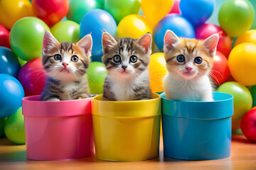 Three adorable kittens in colorful pots ball pit