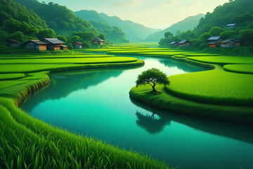 Serene green rice terraces and river in lush valley