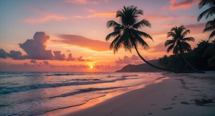 Sunset over the beach with palm trees and calm waves, tropical scenery, peaceful and scenic. Nature and leisure, sunset view, coastal landscape.