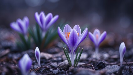 Purple flowers blooming from the ground in early spring with soft focus background. Nature and floral, concept. Wildflowers and growth. The concept of springtime and blooming.