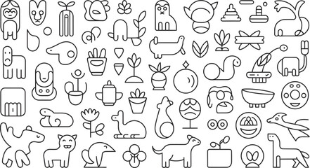 Collection of minimalist line art illustrations featuring animals plants and abstract shapes