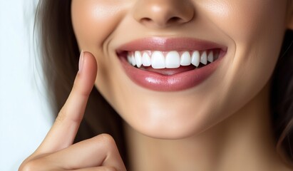 Fototapeta premium Close-up of a woman smiling showing healthy teeth and holding a finger to her lips in a bright, welcoming atmosphere