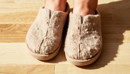 Cozy wool slippers on a wooden floor in sunlight