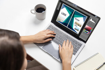 Graphic designer software for modern design of web page and commercial brisk ads showing on the...