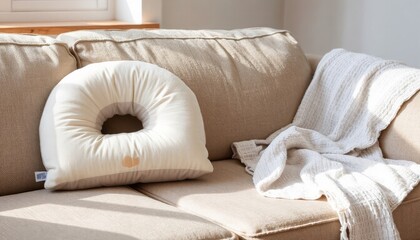 Nursing pillow on a cozy couch with a soft throw blanket