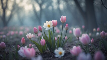 A field of pink tulips and white daisies blooming in a foggy forest clearing during early morning.