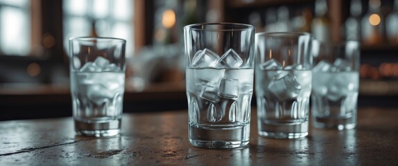 Four glasses of ice water on a wooden surface.