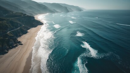 Aerial view of a coastline with sandy beach and ocean waves, with cliffs and hills in the background. Nature landscape, coastal scenery.