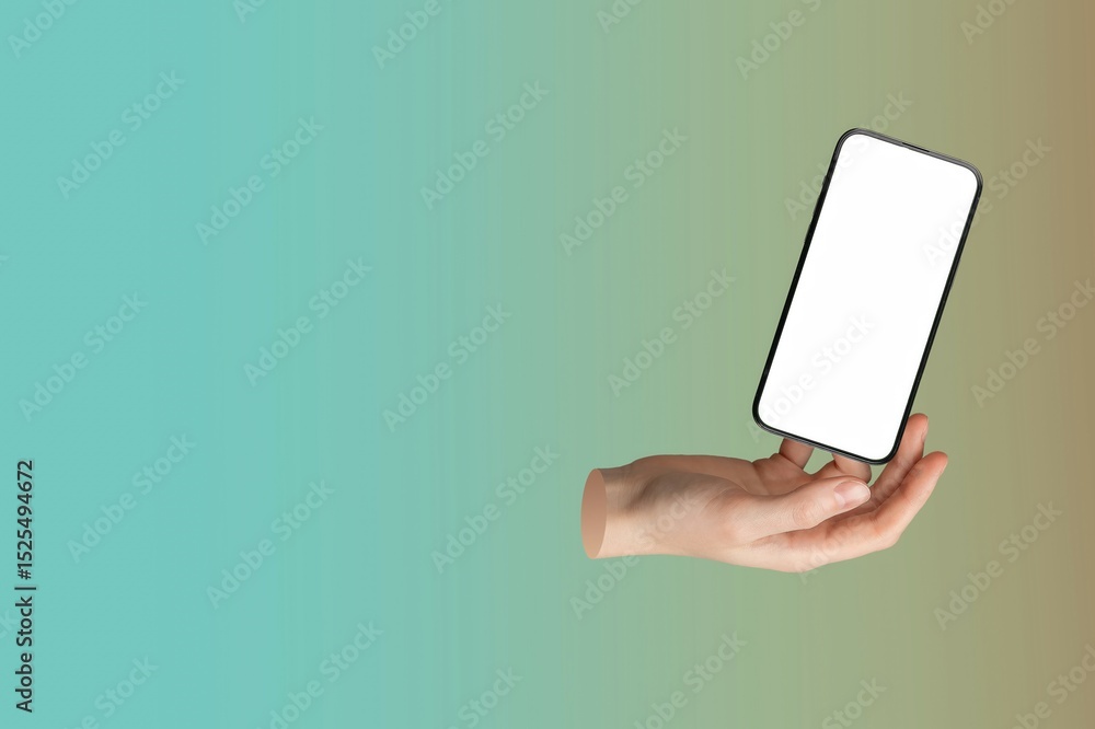 Poster Phone mockup with blank screen held in hand. Mobile smartphone device with colorful gradient