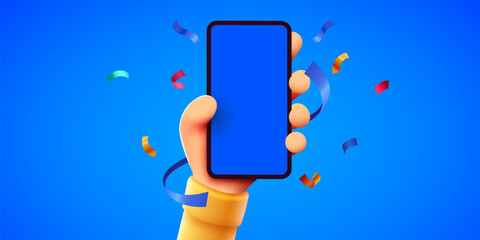 Cute 3D cartoon hand holding mobile smart phone with celebratory confetti flying around. Winner concept. Modern mockup.