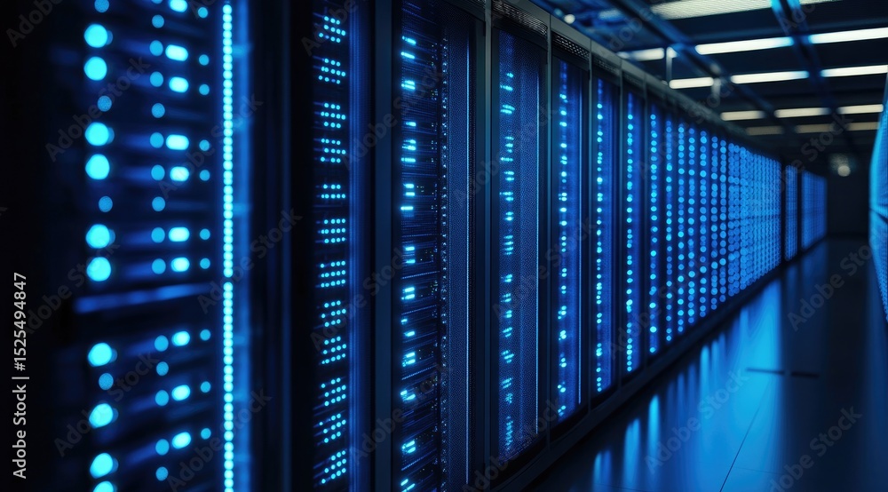 Aufkleber Row of illuminated server racks in a modern data center with blue LED lights and reflective flooring, representing advanced cloud network infrastructure and technology