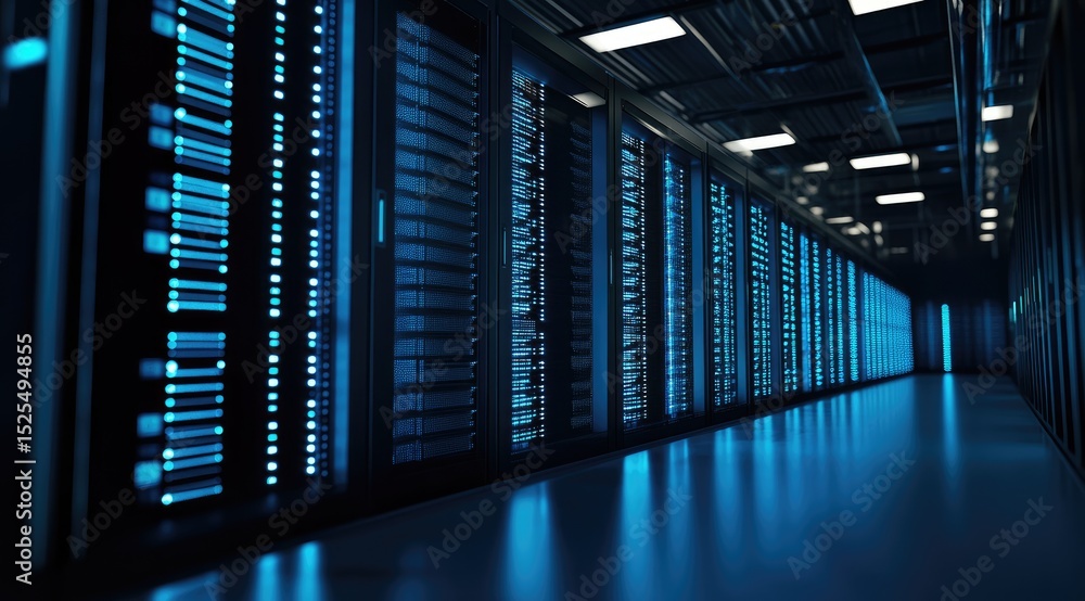 Aufkleber Spacious data center interior with sleek server racks glowing in blue light, featuring modern ceiling panels and high-end infrastructure for cloud computing systems