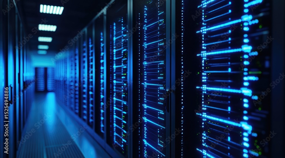 Poster Modern data center hallway with illuminated server racks and vibrant blue LED lights, showcasing advanced networking equipment and digital infrastructure