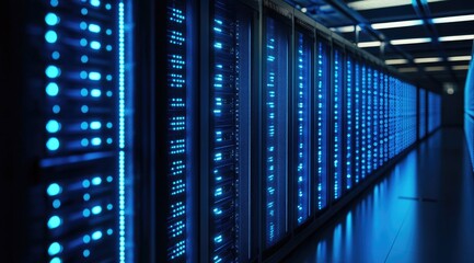 Obraz premium Row of illuminated server racks in a modern data center with blue LED lights and reflective flooring, representing advanced cloud network infrastructure and technology