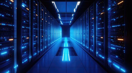 Fototapeta premium Illuminated futuristic data center corridor with glowing blue server racks and floor lighting, showcasing high-tech digital infrastructure and advanced network systems