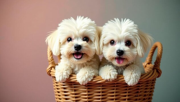 Two pampered Bichons in a woven basket, trendy 'dos , pet lifestyle, dog breeds