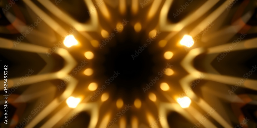 Poster abstract symmetrical pattern with radiating golden lines and circular lights on dark background