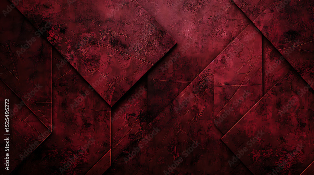 Poster a textured abstract background features geometric shapes in varying shades of deep red, creating a v