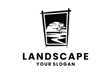 Landscape of the Beach with Coconut Trees and Birds at Sunset Logo Design Template