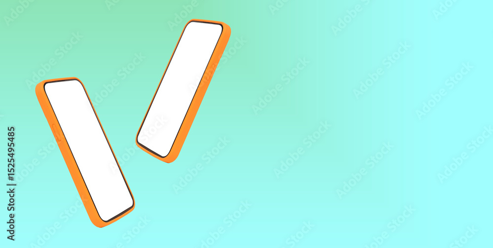 Poster phone mockup with two floating smartphones in pastel gradient background. mobile devices in mint,