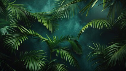 Lush green palm leaves in a tropical forest with misty background, vibrant nature scenery.