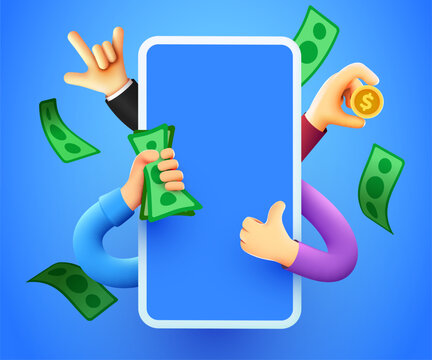 Smartphone with cartoon funny hands and flying banknotes. Get your money. Online earnings.