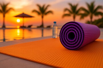 Purple Yoga Mat Rolled Up by Pool Sunset Tropical Vacation Fitness Exercise Relaxation Wellness Healthy Lifestyle Summer Beach Orange Mat Tropical Paradise Peaceful Scene Tranquil Moment Serene       