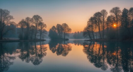Obraz premium A tranquil lake at sunrise with silhouetted trees reflecting on the water's surface. Peaceful nature scene with calming colors and mirror-like reflections.