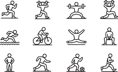 Workout Routine Icon Set – Outline Style Fitness and Exercise Symbols for Health Apps and UI