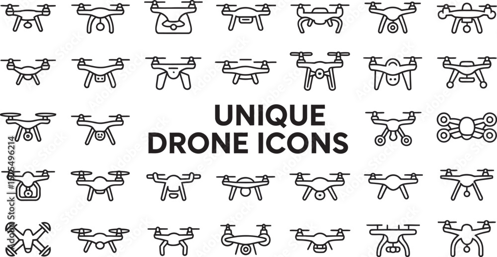 Poster collection of various modern drone icons in clean linear outline style for design