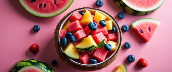 Fresh watermelon slices and mixed berries in a bowl on a pink background with watermelon pieces around. Juicy fruit, summer, and freshness. Fruit assortment and vibrant colors.
