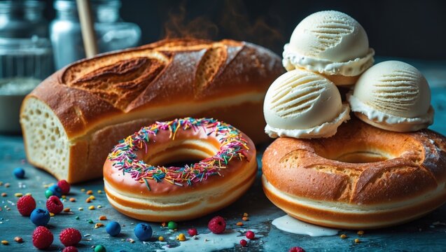 Assorted baked goods including a loaf of bread, a sprinkled donut, and bagels with cream cheese, surrounded by berries and colorful toppings. - Powered by Adobe
