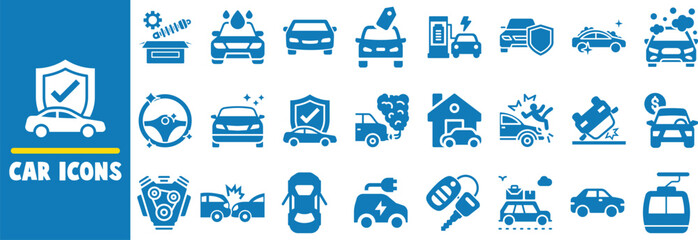 Comprehensive collection of blue car icons and symbols