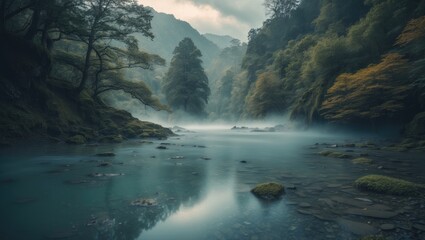 Lush forest and river landscape with misty mountains in the background, showcasing nature's tranquility and beauty.