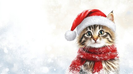 Cute Kitten in Santa Hat Winter Watercolor Painting, Christmas Cat, Winter Animal Christmas card, pet portrait