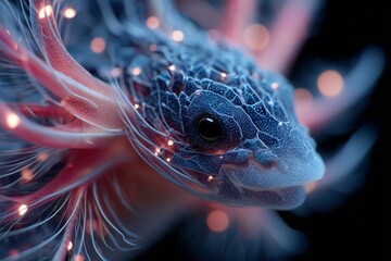 Ethereal creature with luminous filaments and dark iridescent scale patterns in a close-up shot against a black field.