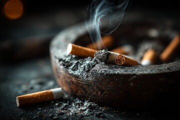 Close-up on a brimming wooden ashtray filled with extinguished cigarettes, ash, and billowing smoke in dark atmosphere