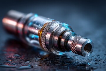 Sleek metal cylinder lies on wet surface, light reflecting off details, creates a moody and industrial atmosphere for designs